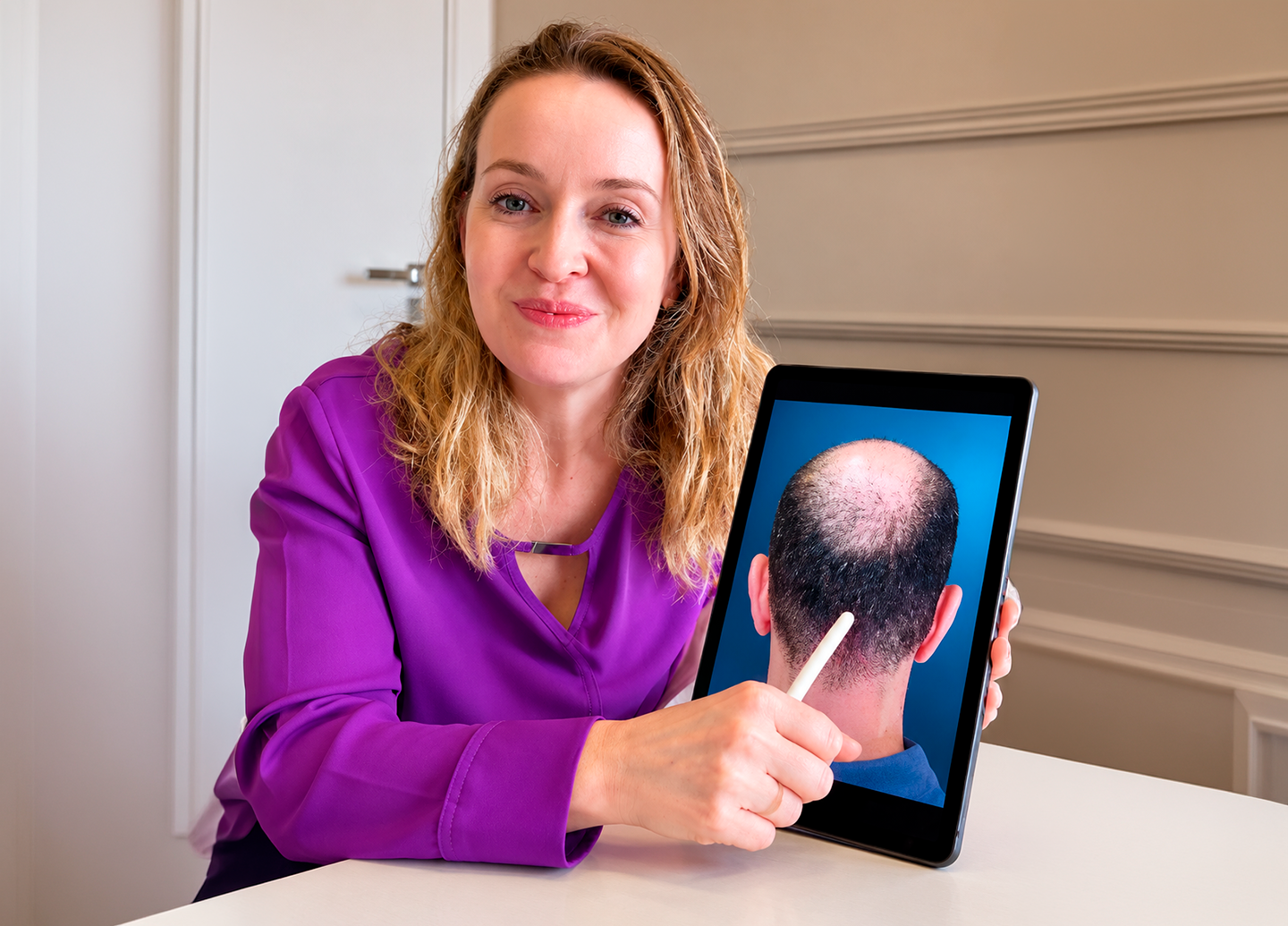 Dra. Caroline Amaro explicando a avaliação capilar com imagens em um tablet